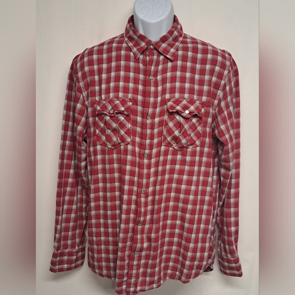 Old Navy M Western Style Snap Down Plaid Shirt Red White Long Sleeve Pockets